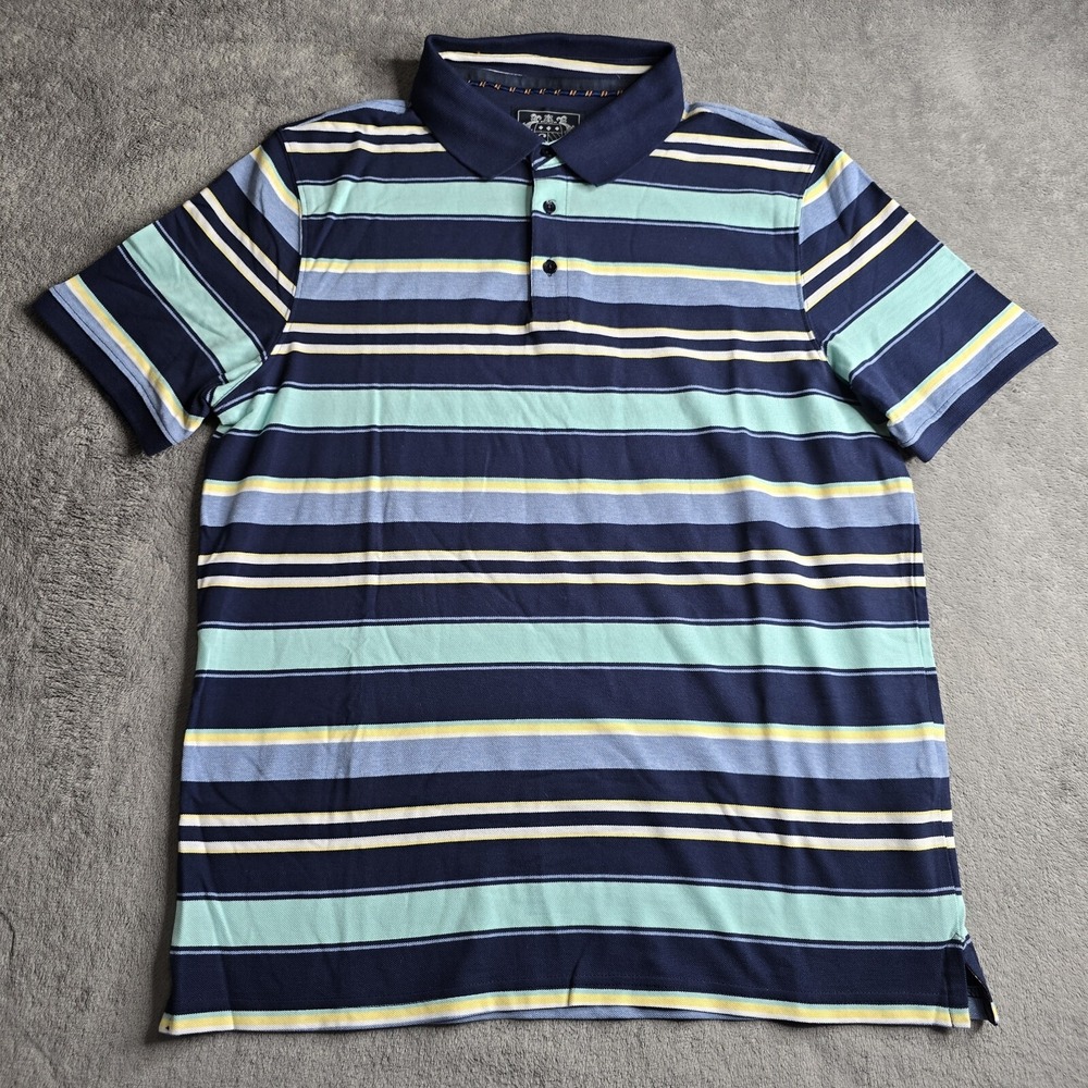 Paul Costelloe Living Mens Large S/S Polo Blue Striped Preppy Classic Casual